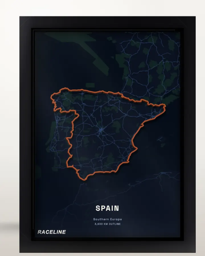 Framed Spain country outline poster with a map background