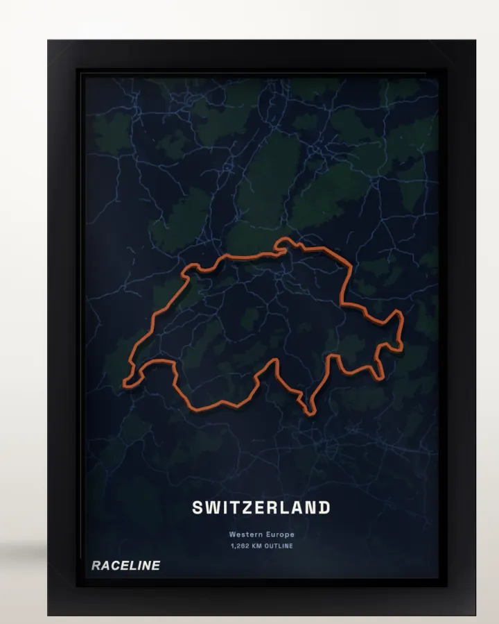 Framed Switzerland country outline poster with a map background