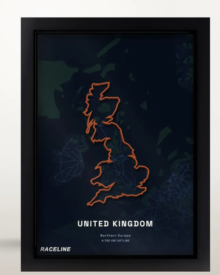 Framed United Kingdom country outline poster with a map background