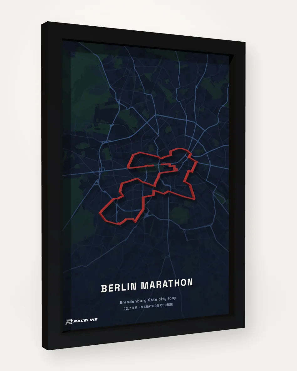 Berlin marathon route poster shown in a framed map view