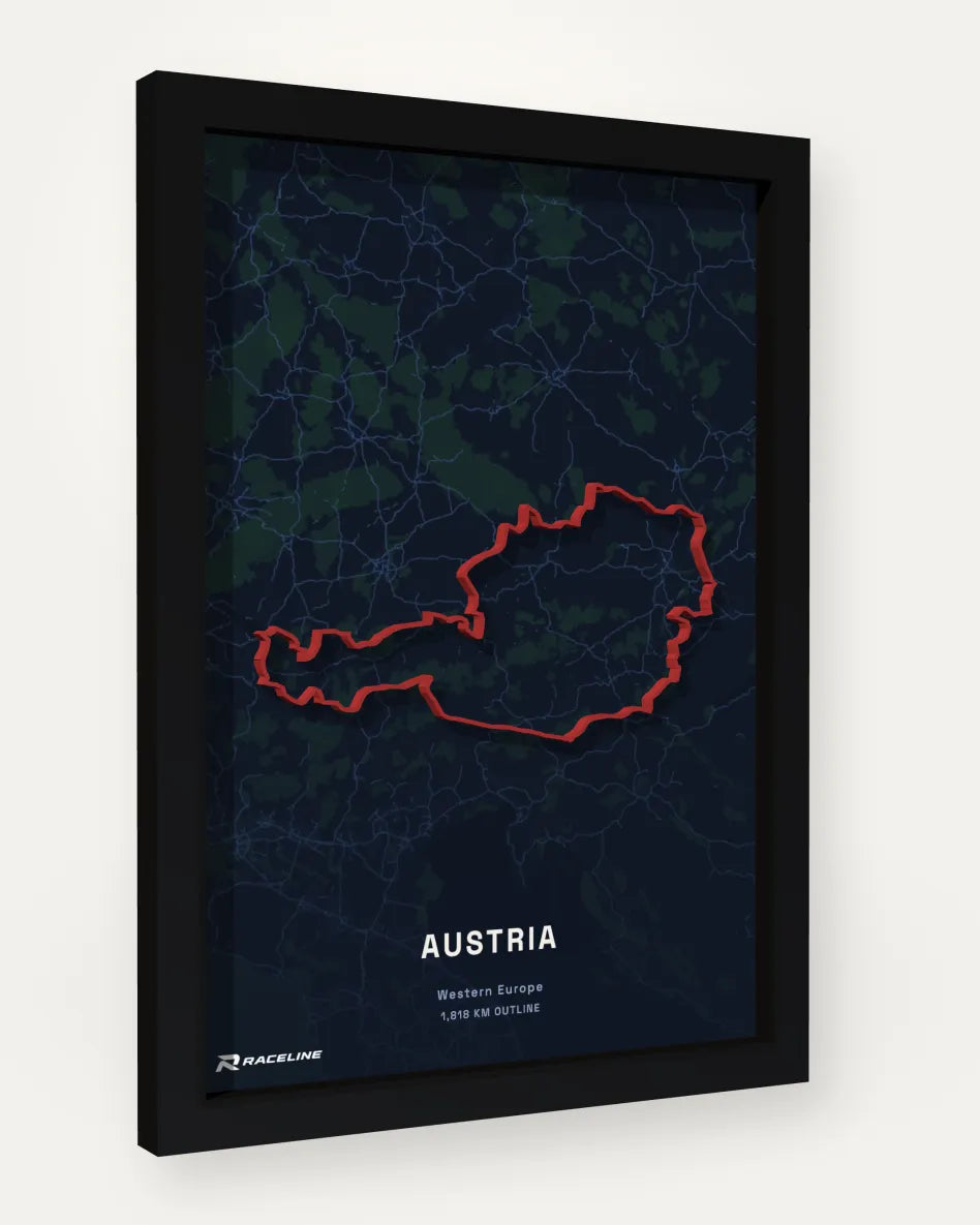 Austria Outline Poster with map background, framed at an angle