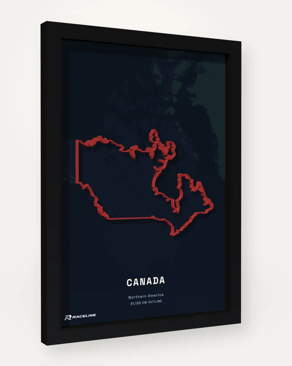 Canada Outline Poster with map background, framed at an angle