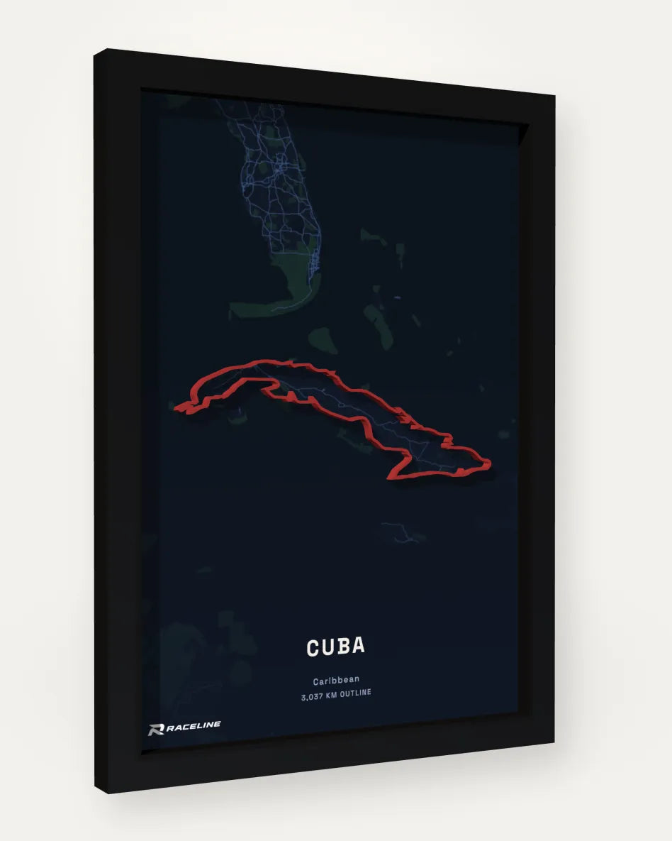 Cuba Outline Poster with map background, framed at an angle