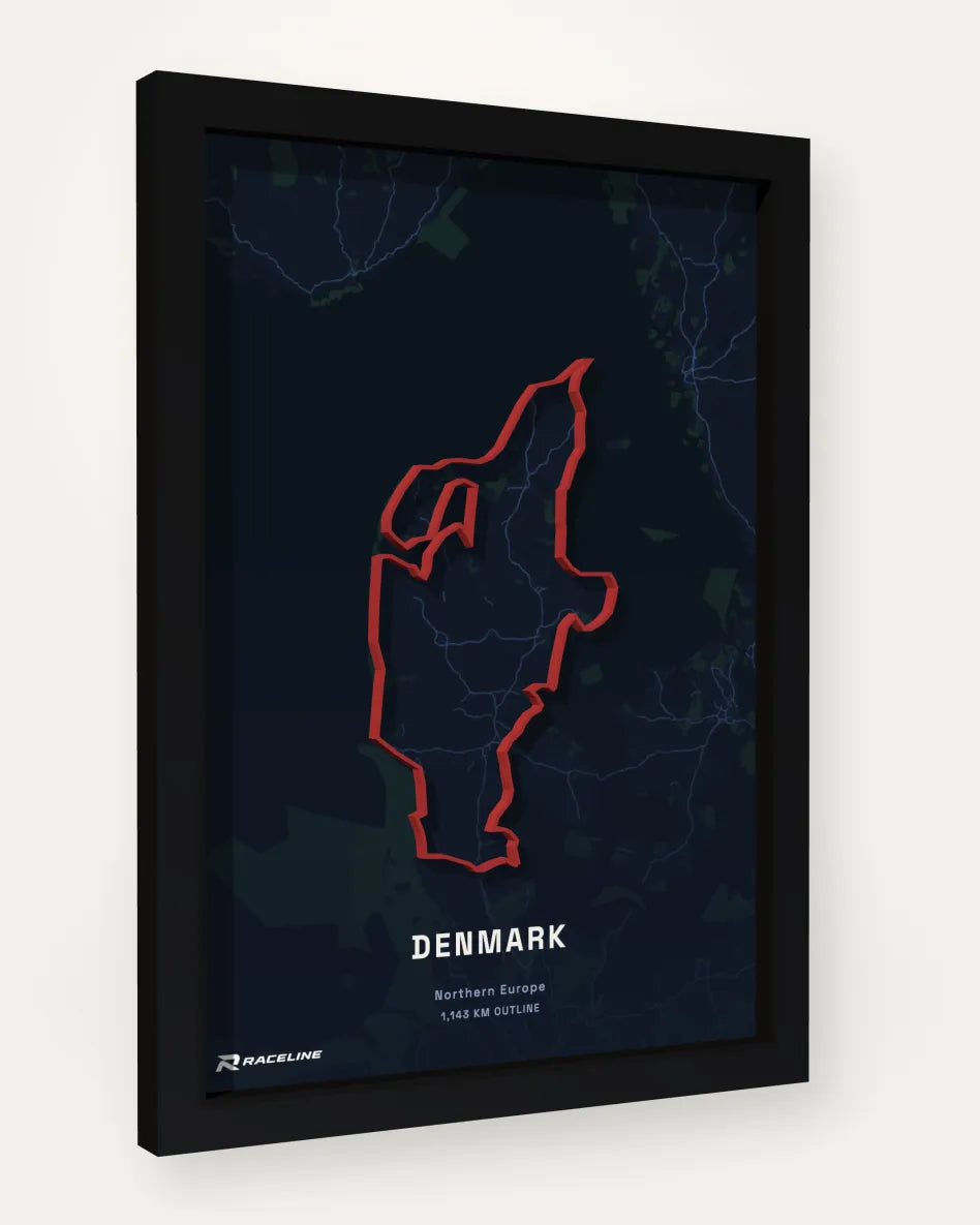 Denmark Outline Poster with map background, framed at an angle