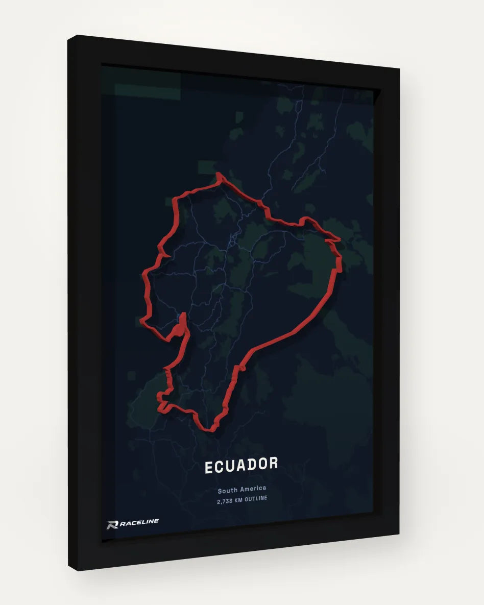 Ecuador Outline Poster with map background, framed at an angle