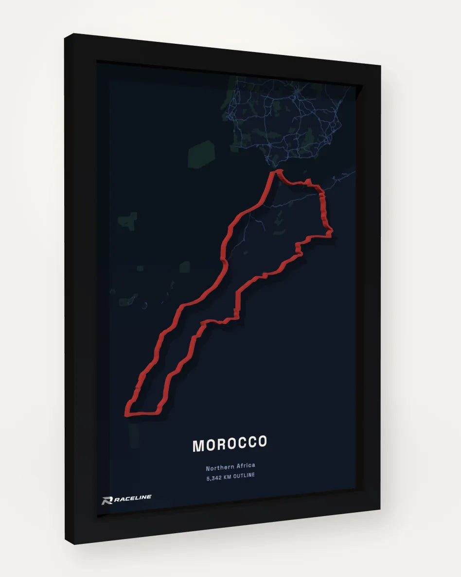 Morocco Outline Poster with map background, framed at an angle