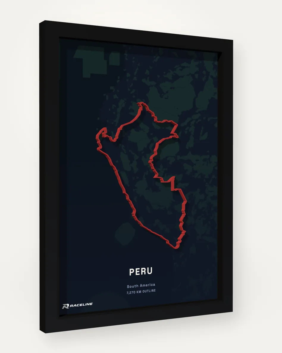 Peru Outline Poster with map background, framed at an angle