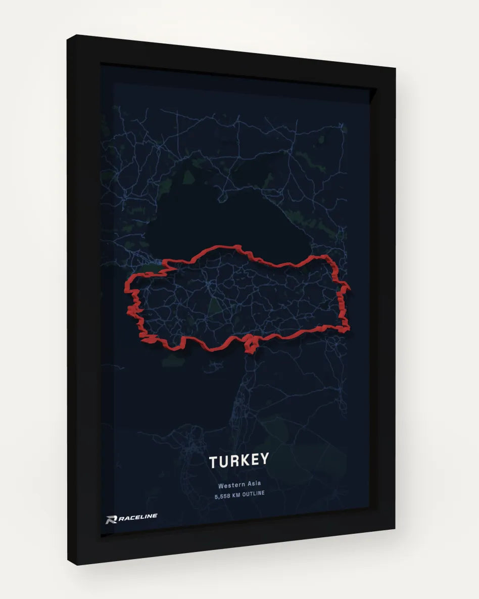 Turkey Outline Poster with map background, framed at an angle
