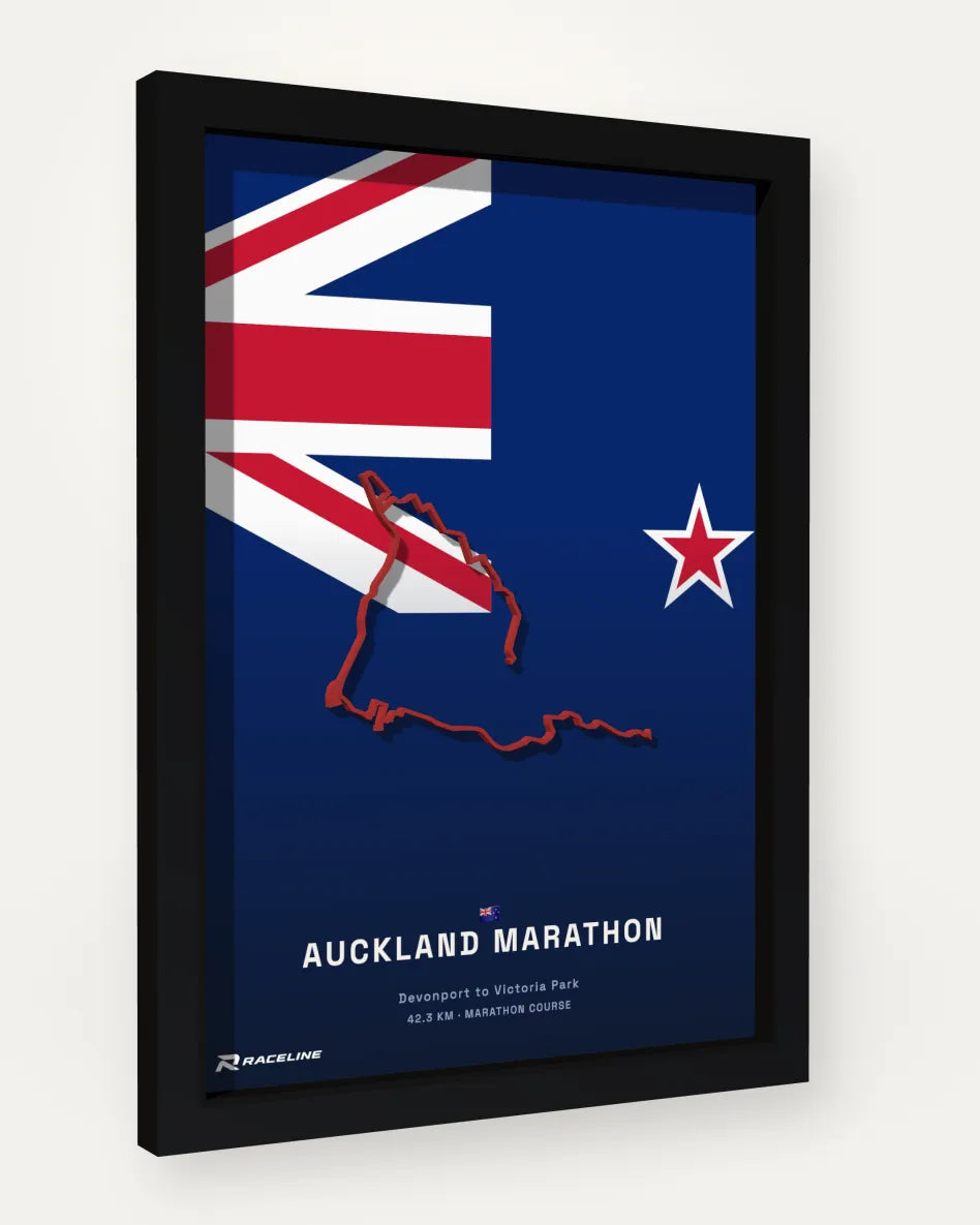 Auckland Marathon poster with flag background