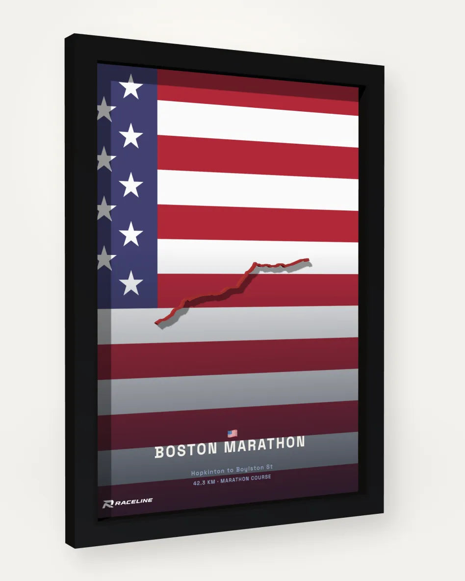 Boston Marathon poster with flag background