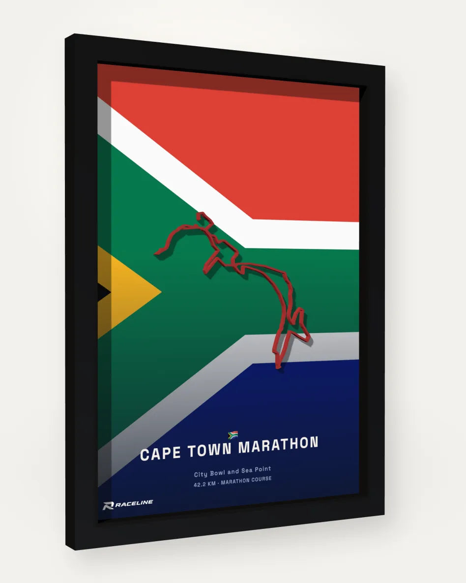 Cape Town Marathon poster with flag background
