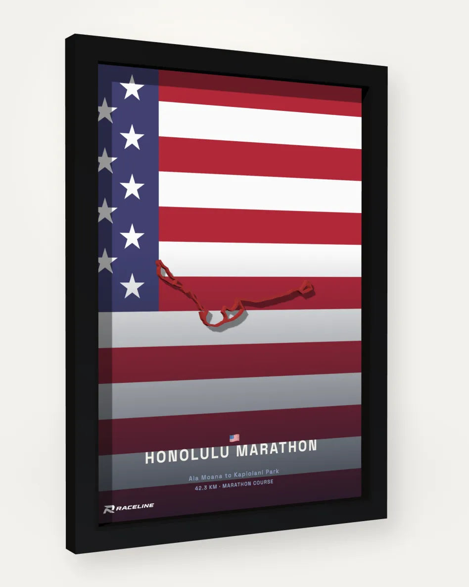 Honolulu Marathon poster with flag background