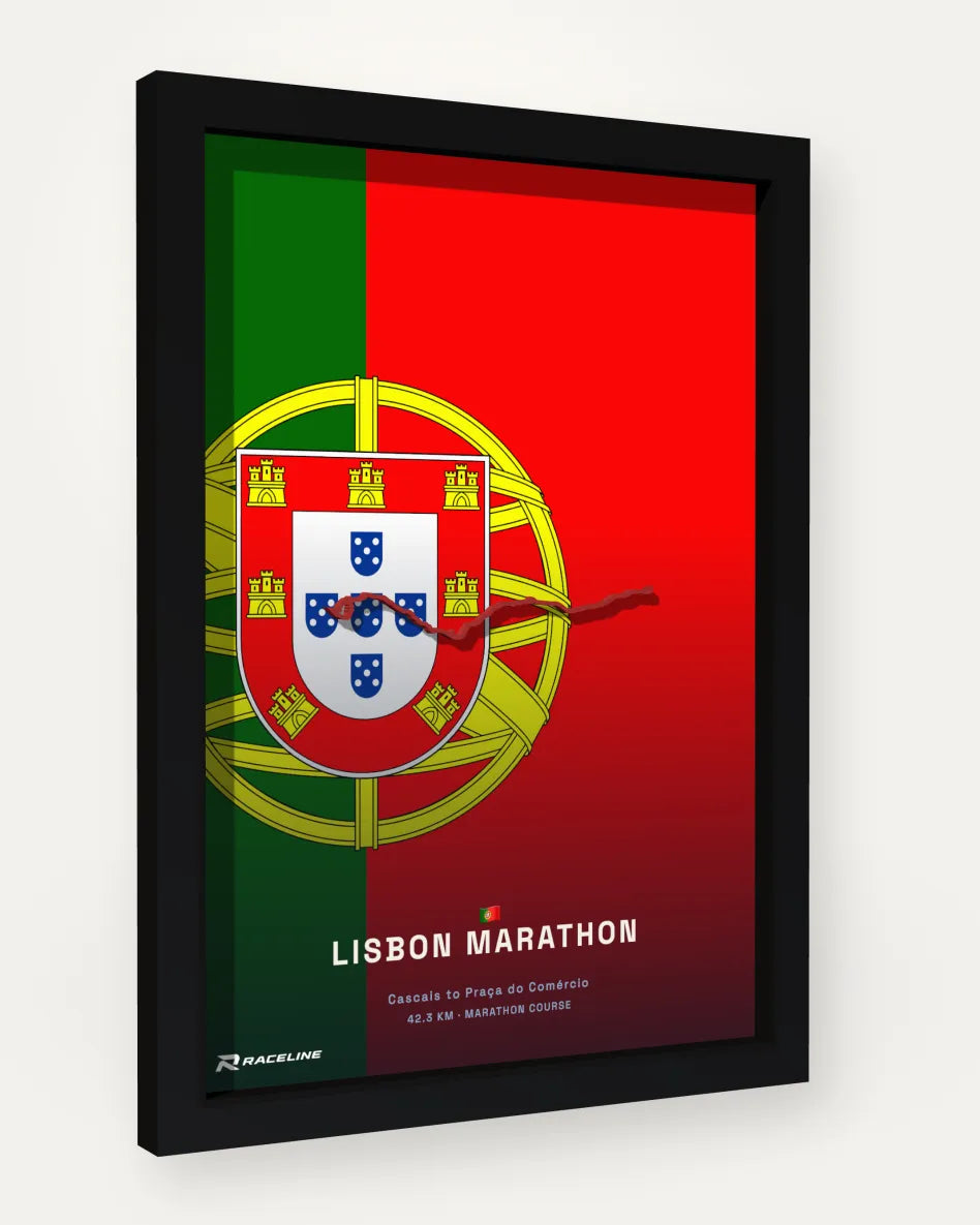 Lisbon Marathon poster with flag background