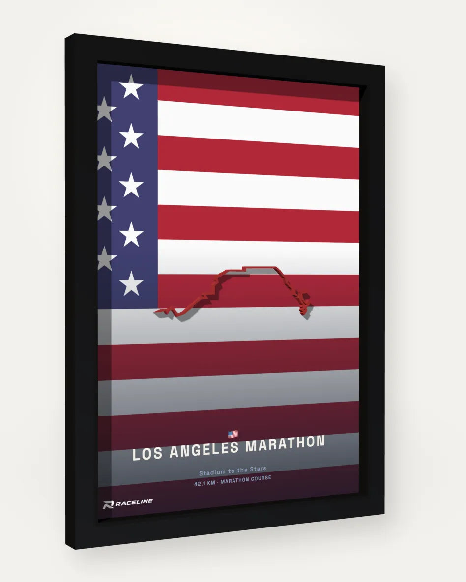 Los Angeles Marathon poster with flag background