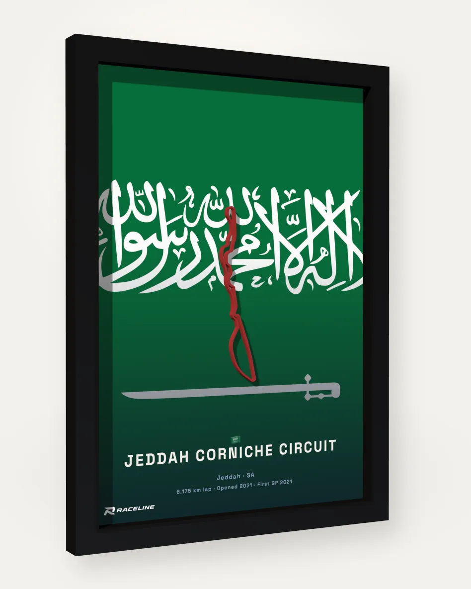 Jeddah Corniche Circuit poster with flag background