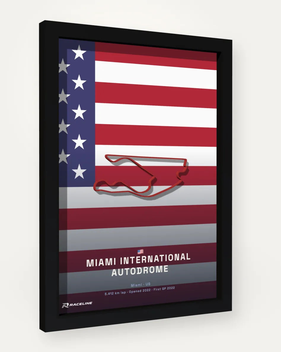Miami International Autodrome poster with flag background