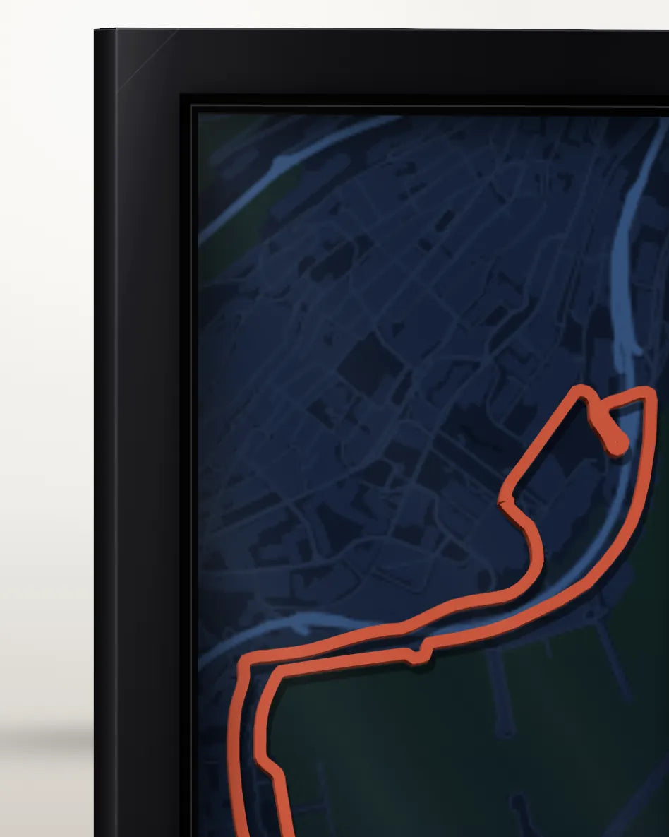 Close view of the raised route standing above the poster, casting a shadow