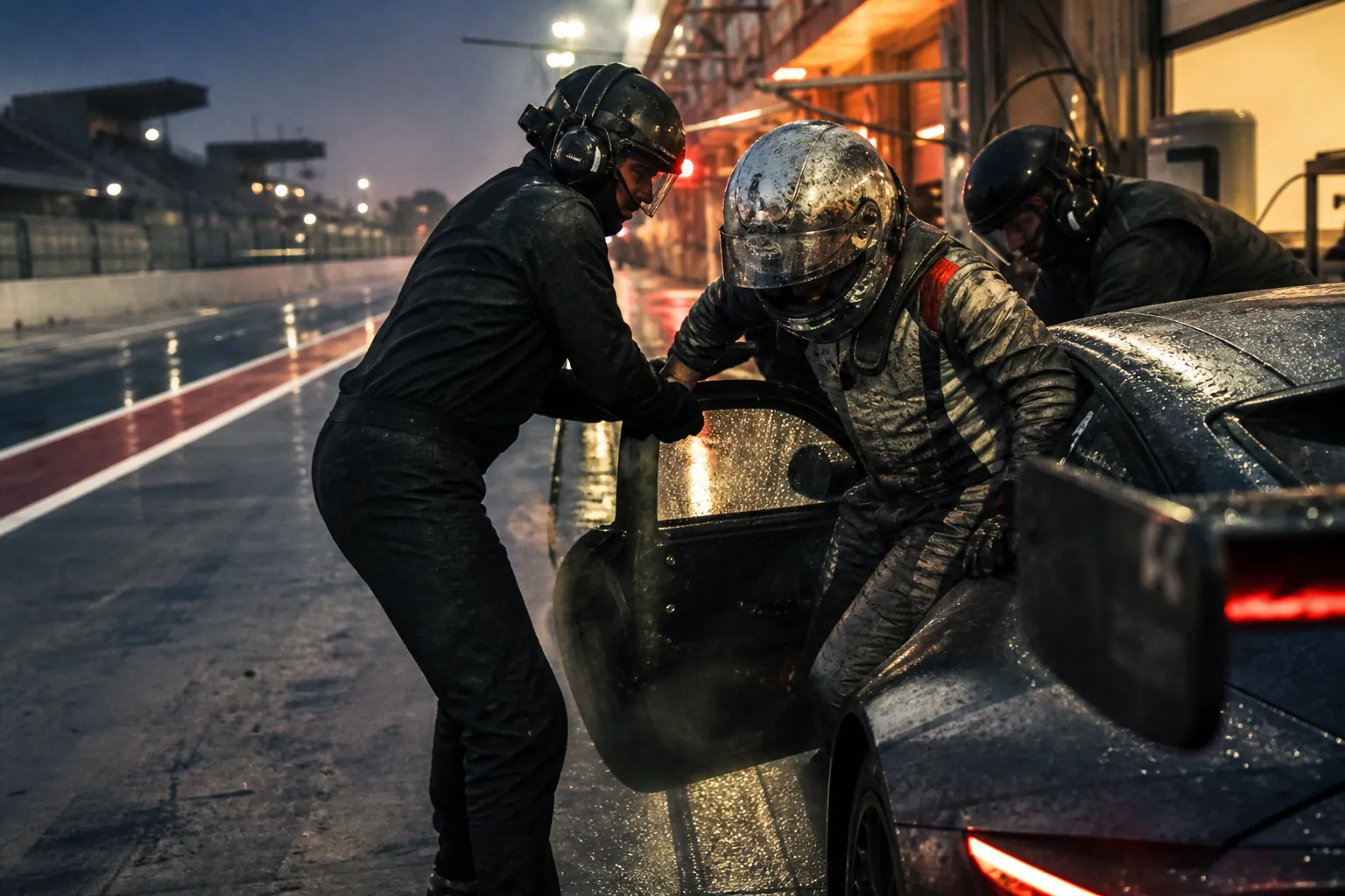 A race driver and crew in a rain-soaked pit lane
